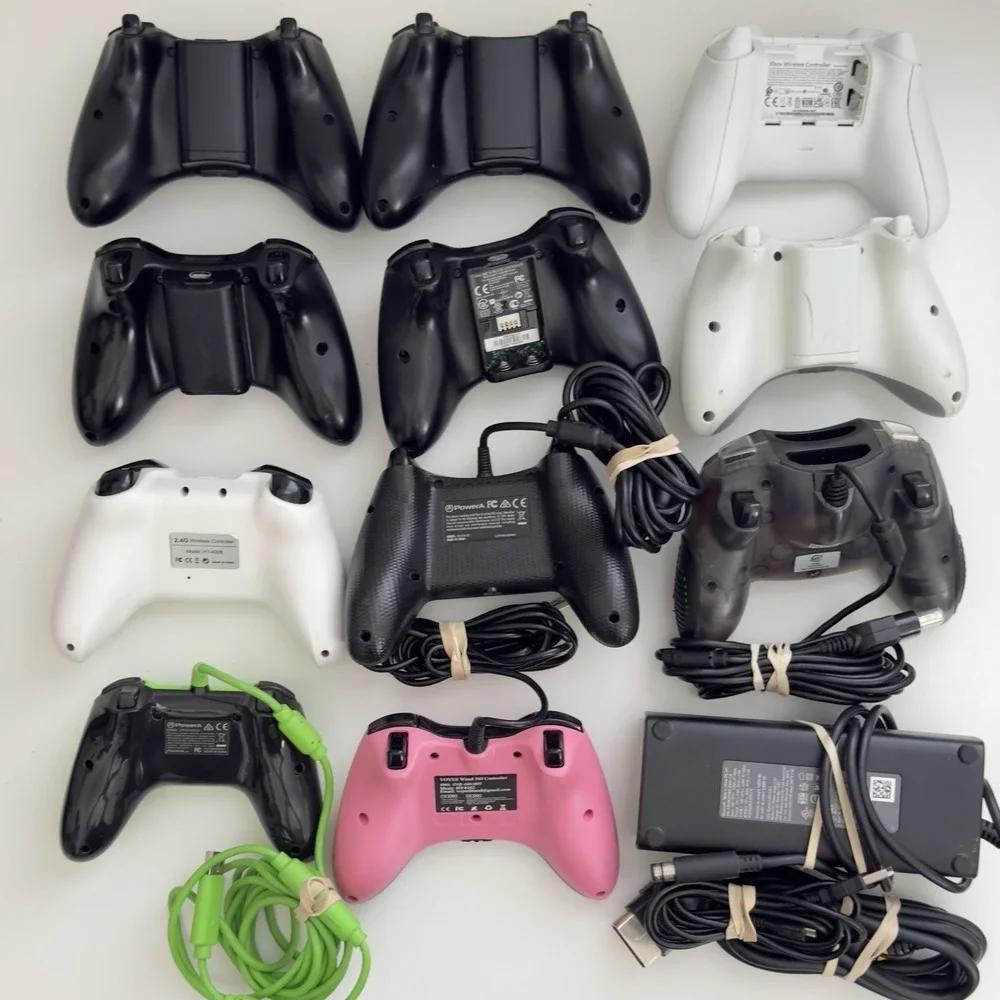Xbox Controllers Wireless Wired Lot Of 11 + Cable Adapter Wires UNTESTED AS-IS